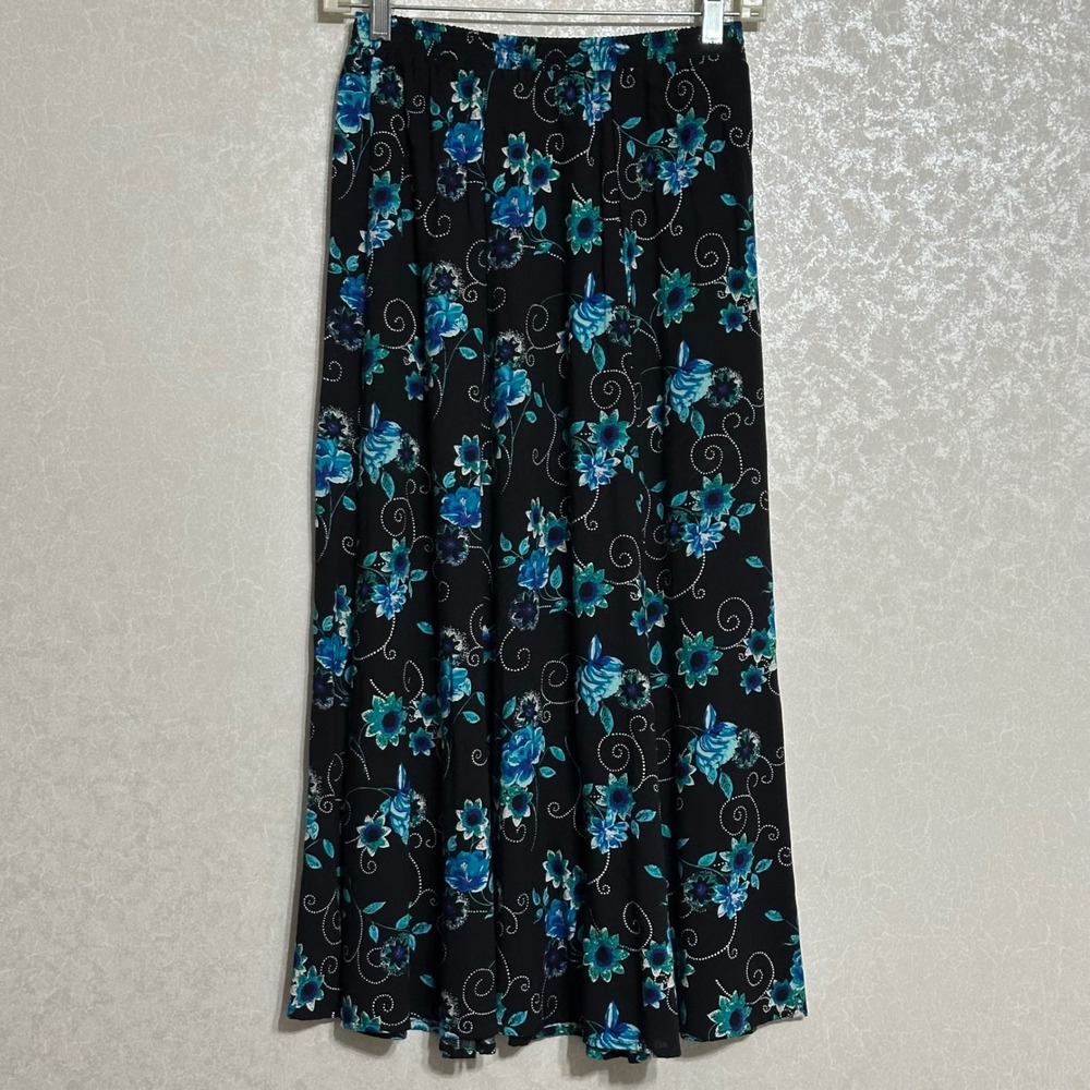 Liz Baker Essentials Floral Flare Maxi Skirt 100% Rayon Boho Black Blue Petite S